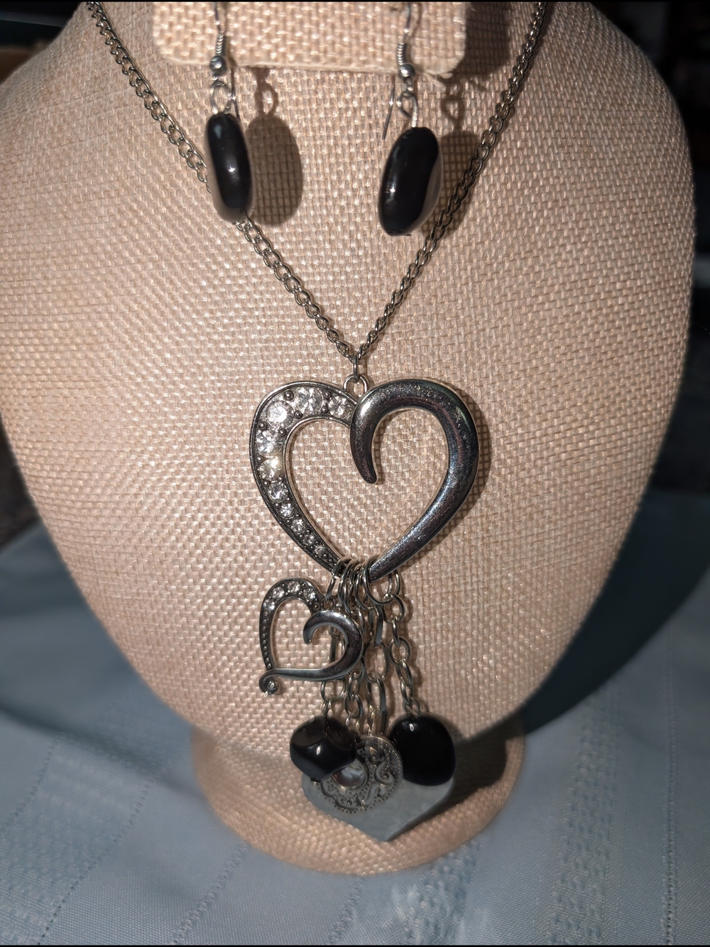 Silver Heart Pendant Necklace with Black Accent Beads - Women Jewelry